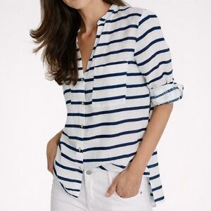 ZARA Striped Linen Tunic Roll Tab Sleeves Navy White Blouse‎ Size S